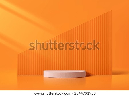 Realistic 3D orange cylindrical podium background with vertical pattern backdrop scene. Minimalist mockup pedestal or Abstract product display presentation, Stage showcase. Platforms vector design.