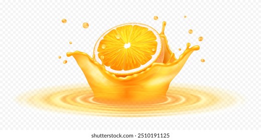 Realistic 3D orange fruit piece in fresh juice splash isolated on transparent background.