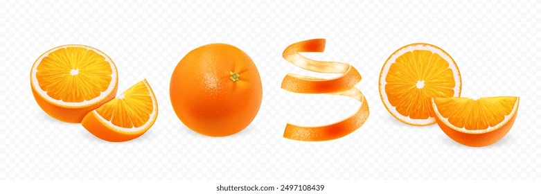 Fruta naranja realista en 3D. Conjunto de todo, rebanada, pieza y cáscara de naranja aislado sobre fondo transparente.