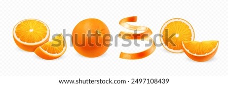 Realistic 3D orange fruit. Set of whole, slice, piece and orange peel isolated on transparent background.