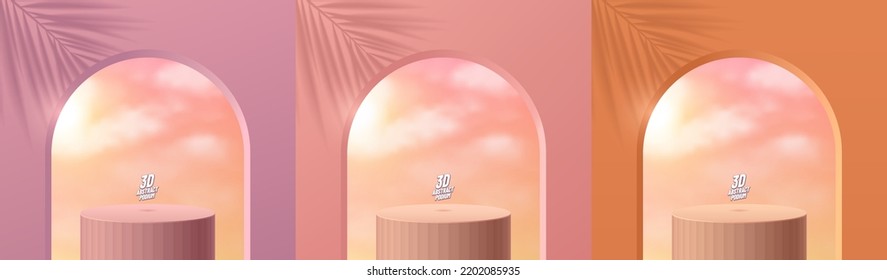 Realistic 3D orange, pink, purple cylinder stand podium with pink sunset sky in arch shape window background. Vector abstract with geometric forms. Minimal scene for products display. Stage showcase.