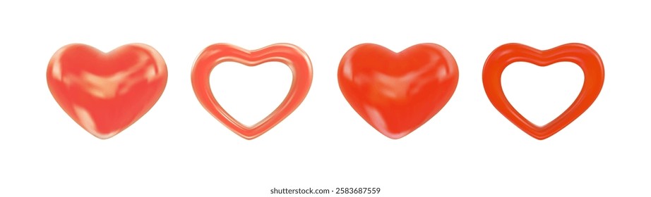 Realistic 3d orange, red hearts, love symbols. 3d glossy couple hearts for design Valentines Day, romantic events, wedding. Vector Illustration