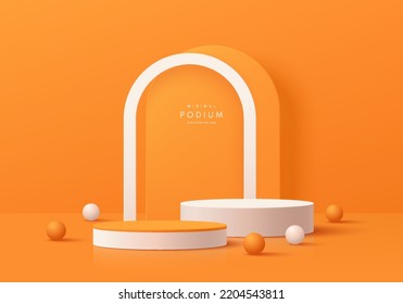 Realistic 3D orange, white cylinder pedestal podium with arch shape background and sphere balls. Abstract geometric minimal scene for mockup products display, Round stage for showcase. Vector EPS10.