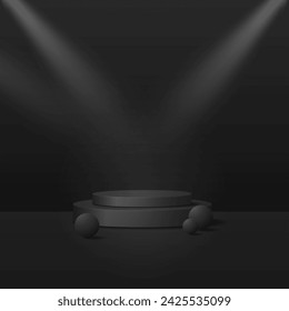 realistic 3D overlapping black podium and shiny black ball decoration on black background with light.