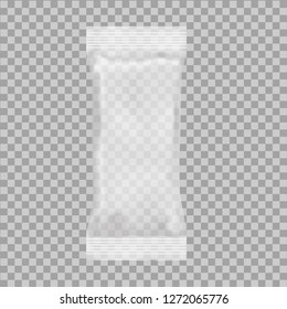 Realistic 3D package on transparent background. plastic narrow pillow bag. Mock up. Vector template for design, presentation, advertising, promo. EPS 10. Front view. Vertical.