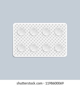 Realistic 3d of packaging with pills for illness and pain treatment. Vector illustrations of pack isolated on blue background.