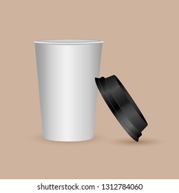 Realistic 3d paper coffee cup. Design template for graphics, mockup. Front view. Vector illustration