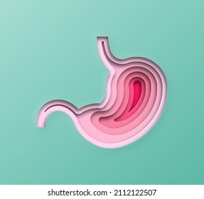 Realistic 3D paper cut human stomach illustration. Layered colorful digestive system organ for medicine, gastric disease or food diet concept.