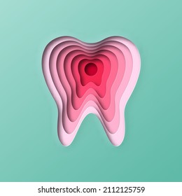 Realistic 3D paper cut human tooth illustration. Layered colorful dental organ for dentist surgery, wisdom teeth removal or toothache pain concept.