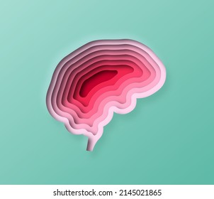 Realistic 3D paper cut human brain illustration. Layered colorful pink nervous system organ for medicine, science or neurology care concept.