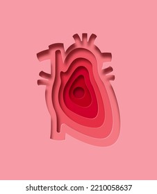 Realistic 3D Paper Cut Human Heart Illustration. Layered Colorful Circulatory System Organ For Medicine Project. Cardiology Care Or Blood Health Concept.