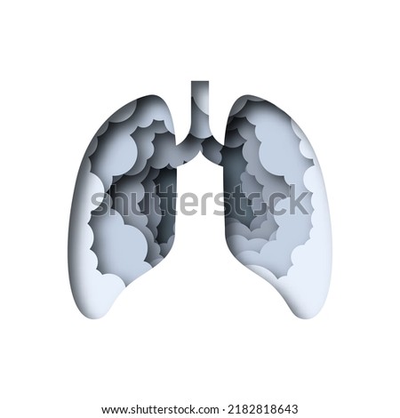 Realistic 3D paper cut human lung with black smoke cloud inside. Papercut respiratory organ illustration on isolated background for toxic pollution air, bad smoker health or disease risk concept.