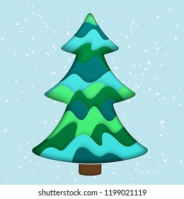 Realistic 3D Paper Cut Isolated Christmas Tree. Stylized Paper New Year Design Element. 