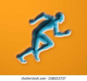 Realistic 3D Paper Cut Man Running Illustration. Layered Colorful Male Run Pose Silhouette Cutout For Sport Race, Healthy Lifestyle Or Jog Workout Concept.