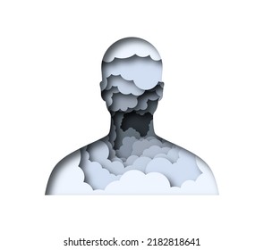 Realistic 3D paper cut man head with black smoke cloud inside. Papercut people silhouette illustration on isolated background for toxic pollution air, bad smoker health or depression feeling concept.