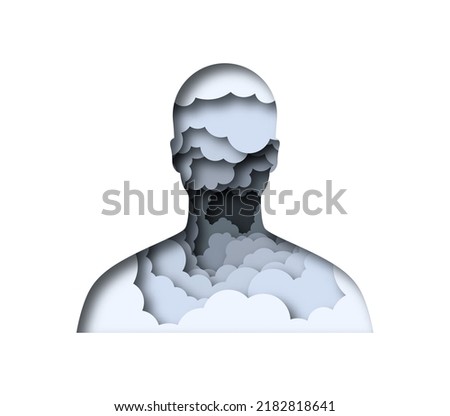 Realistic 3D paper cut man head with black smoke cloud inside. Papercut people silhouette illustration on isolated background for toxic pollution air, bad smoker health or depression feeling concept.