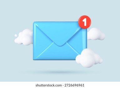 Envelope de papel 3D realista com nuvens flutuantes. Correio criativo e conceito de mensagem para parabéns, notificação. Ilustração de vetor estilo desenhos animados suaves, composição isolada.
