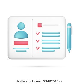 Realistic 3d paper personal document, user icon, pen. Glossy 3d cartoon contract management, job search application, hr symbol, recruitment, resume. Vector illustration isolated on white background