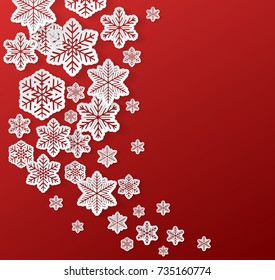 Realistic 3d paper snowflakes on red background - concept of Christmas design. Vector.