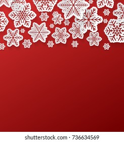 Realistic 3d paper snowflakes on red background - concept of Christmas design. Vector.