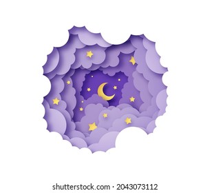 Realistic 3d papercut night sky view on isolated white background. Modern paper craft art scene of moon and stars in clouds. Children nursery or sleep dream concept. 