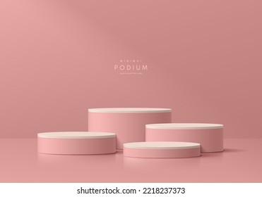 Realistic 3D pastel pink steps cylinder pedestal podium set with clean wall background. Abstract minimal scene mockup products display. Round stage showcase. Vector geometric forms. Valentine concept.