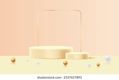 Realistic 3D pastel pink steps cylinder pedestal podium set with clean wall background. Abstract minimal scene mockup products display. Round stage showcase. Vector geometric forms. Valentine concept.