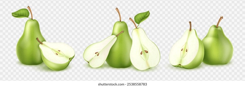 Realistic 3D pear fruits. Set of whole, slice and piece of green ripe pears isolated on transparent background.