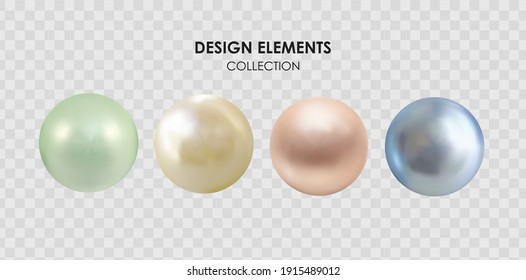 Realistic 3D Pearl collection set isolated on transparent background. Vector Illustration