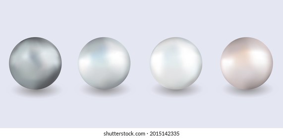 Realistic 3D pearls.
A set of rounded pearlescent, shiny jewelry. Isolated objects with shadow. Round glossy gemstones with a glare.
 Vector illustration.