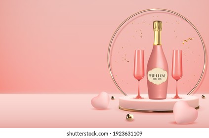 Realistic 3d pedestal with bottle and glasses of champagne background. Vector Illustration EPS10