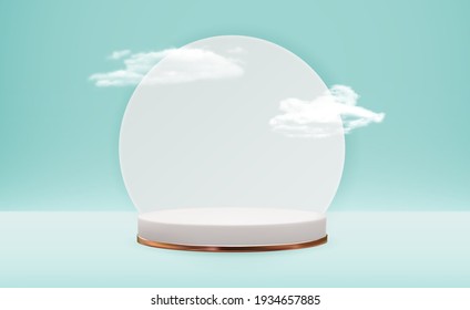 Realistic 3d pedestal cloudy background. Trendy empty podium display for cosmetic product presentation, fashion magazine. Copy space vector illustration EPS10