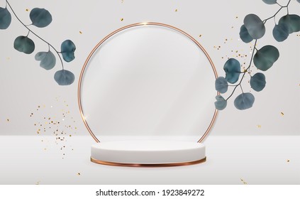 Realistic 3d pedestal with eucalyptus leaves over pastel natural background. Trendy empty podium display for cosmetic product presentation, fashion magazine. Copy space vector