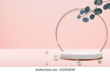 Realistic 3d pedestal with eucalyptus leaves over pastel natural background and pearl. Trendy empty podium display for cosmetic product presentation, fashion magazine. Vector illustration EPS10