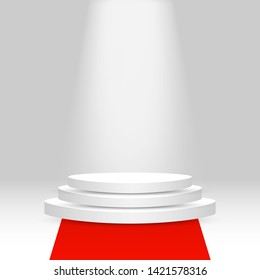 Realistic 3d pedestal mock up with empty space, red carpet and light. Background, platform, display for presentation, exposition, exhibition