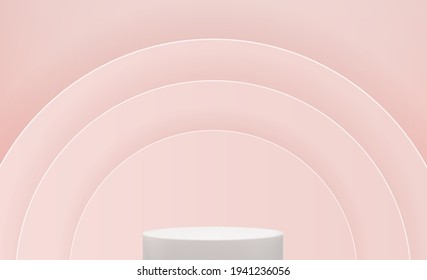 Realistic 3d  pedestal over pink circle background. Trendy empty podium display for ads cosmetic product presentation. Vector illustration EPS10