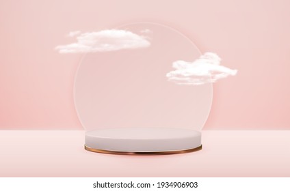 Realistic 3d pedestal pink cloudy background. Trendy empty podium display for cosmetic product presentation, fashion magazine. Vector illustration EPS10