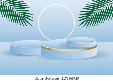 Realistic 3D pedestal podium set in abstract room. Minimal scene for products stage showcase, promotion display. Vector geometric platform design. Vector illustration