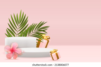 Realistic 3d  pedestals with gift boxes. Copy space vector illustration