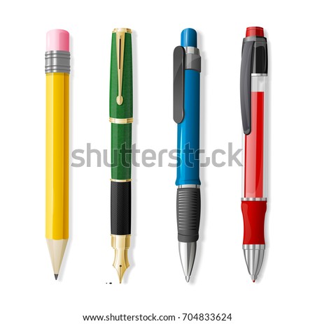 Realistic 3d Pen and Pencil Set Office or School Stationery Accessory Closeup . Vector illustration four of Pens and Pencils