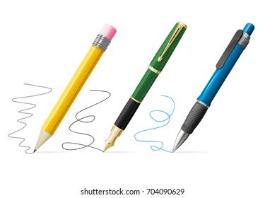 Realistic 3d Pen And Pencil Write Set Writing Message Or Signature For Document. Vector Illustration Of Pens And Pencils