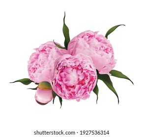 Realistic 3d peony vector illustration bouquet isolated on white. Top view, vector realism. Pink buds, blossom. Wedding decoration, invitation, card. greetings, anniversary. pion composition 