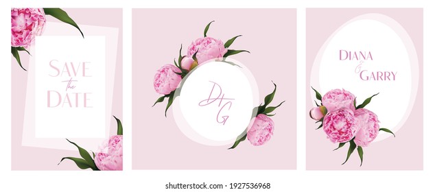 Realistic 3d peony vector illustration template set. mockup vector realism. Pink buds, blossom. Wedding decoration, invitation, card, greetings, anniversary, thank you save the date. pion composition 
