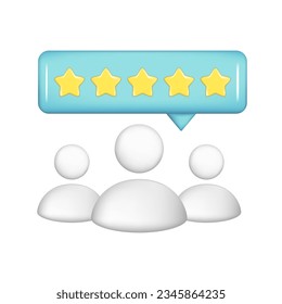 Grupo de personas realistas en 3d, descripción de herramientas de notificación UI con 5 estrellas doradas. Análisis de calidad 3d del cliente, clasificación de usuarios, puntuación de comentarios, icono de burbuja de voz. Ilustración del vector aislada en fondo blanco
