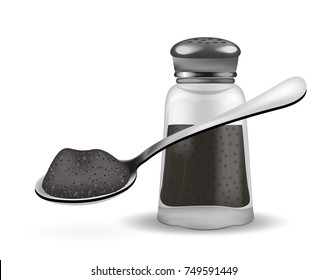 Realistic 3d pepperbox and spoon with pepper. Isolated on white background. Glass jar for spices. Vector illustration