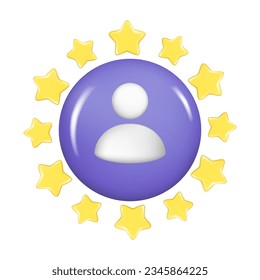 Realistic 3d person with golden stars. Customer 3d quality reviews, user rating element, customer feedback score symbol, satisfaction icon. Vector illustration isolated on white background