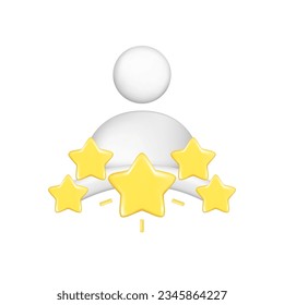 Realistic 3d person with golden stars. Customer 3d quality reviews, user rating element, customer feedback score symbol, satisfaction icon. Vector illustration isolated on white background