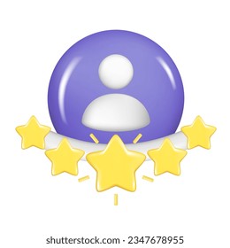 Realistic 3d person with golden stars. Customer 3d quality reviews, user rating element, customer feedback score symbol, satisfaction icon. Vector illustration isolated on white background