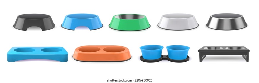 Realistic 3d pet bowls set on isolated background vector illustration. Cat and dog bowls mockup with different colors