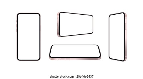 Parodias realistas por teléfono 3d, smartphone dorado en frente, vista lateral y perspectiva aislado en un fondo transparente. Plantilla de dispositivo móvil que se burla de la presentación y muestra la aplicación y el diseño web.